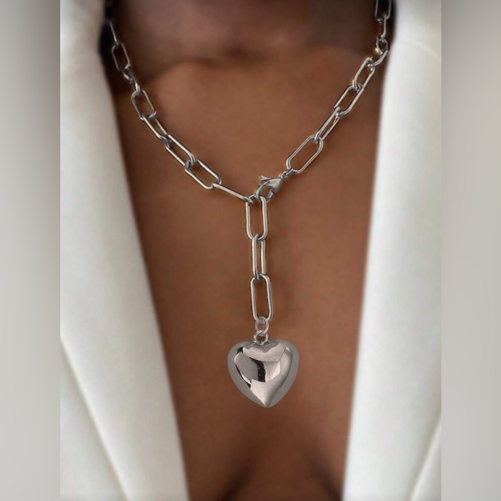 Silver Heart Pendant Paperclip Chain Necklace Statement Heart Necklace
